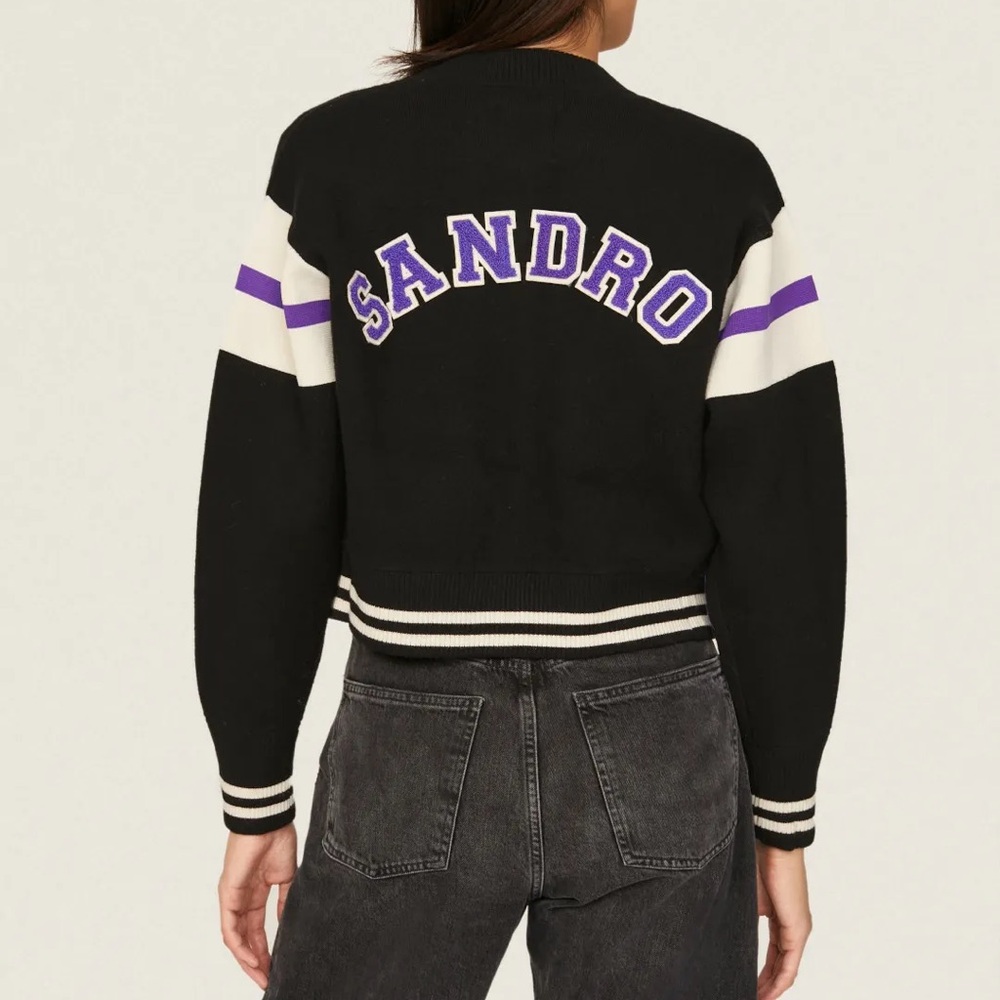 Sandro Paris Black Wool Ashton Varsity Cardigan – Logo & Love Detail Fits S / M